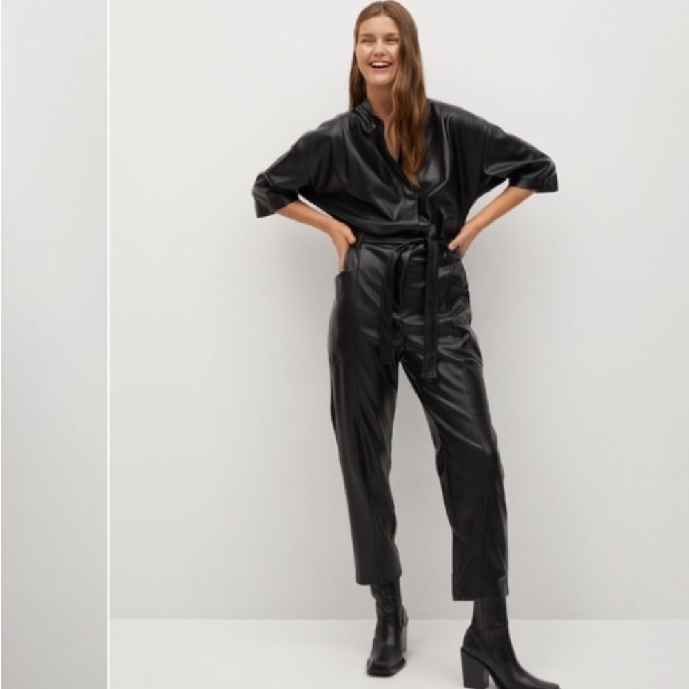 Mango MNG Play Suit Leather Tie Waist Jumpsuit in Black size L